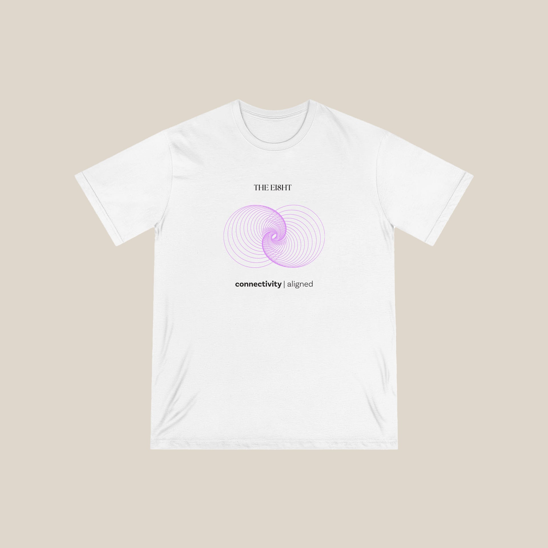 Connectivity White Organic Cotton T-Shirt with purple interconnected spirals - Sustainable fashion from The Ei8ht Aligned Collection