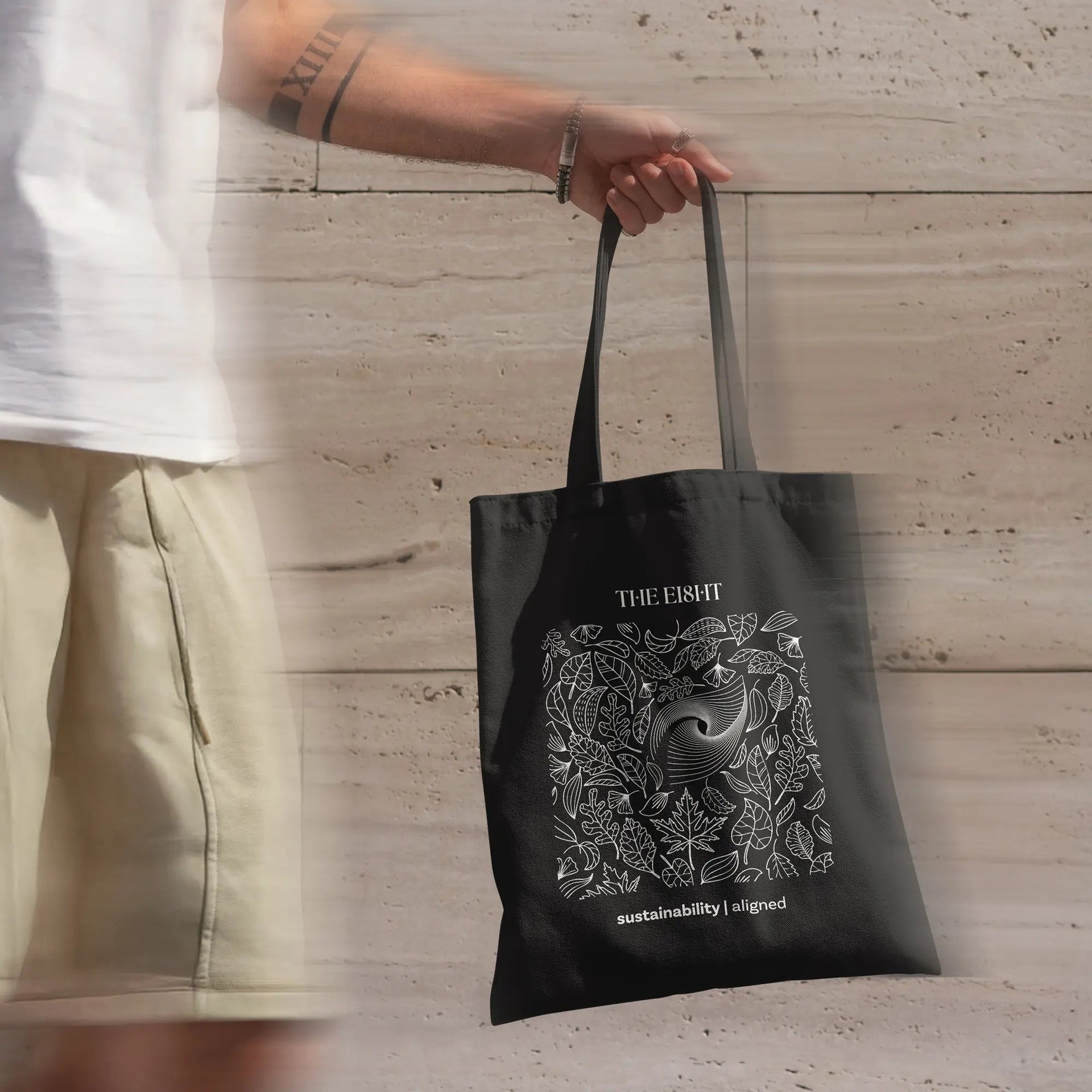 Aligned Black Organic Cotton Tote - eco-friendly reusable tote with leaf and spiral design | The Ei8ht.