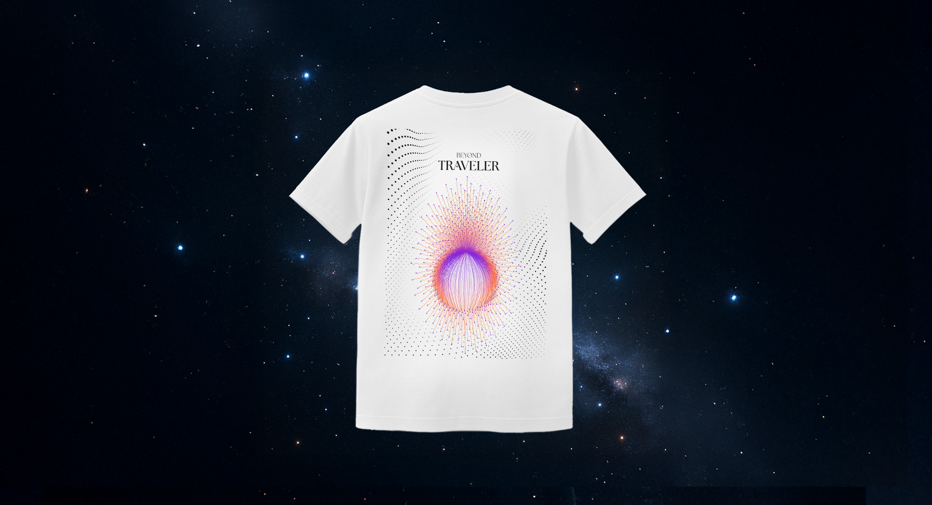 White organic cotton T-shirt with Traveler design on a cosmic background.