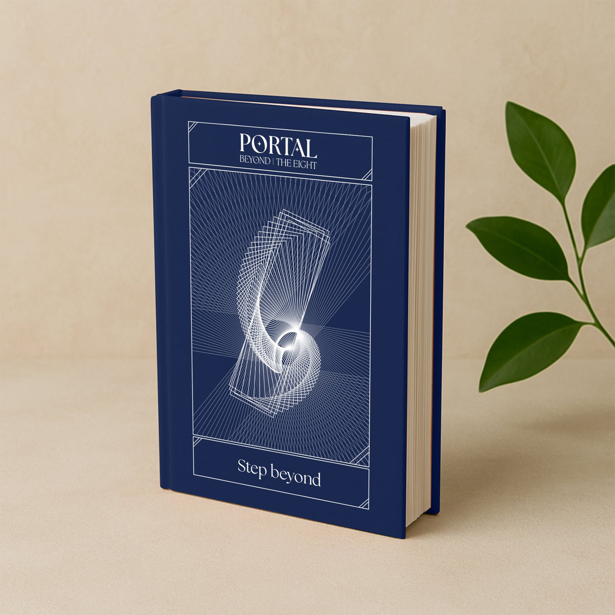 Font cover of the Portal journal from the Beyond Collection by The Ei8ht, featuring sacred geometric cosmic design and 'Step beyond' title - placed on beige background with leaves.