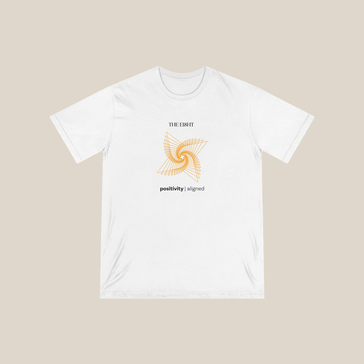 Positivity White Organic Cotton T-Shirt with orange spiral design - Ethical Apparel from The Ei8ht Aligned Collection.