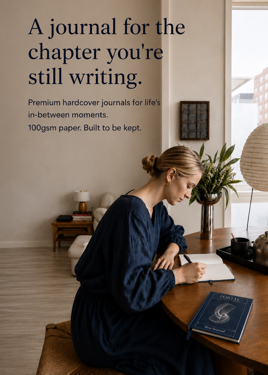 Woman writing in a hardcover journal at a wooden desk - portal journal by The Ei8ht visible in foreground.