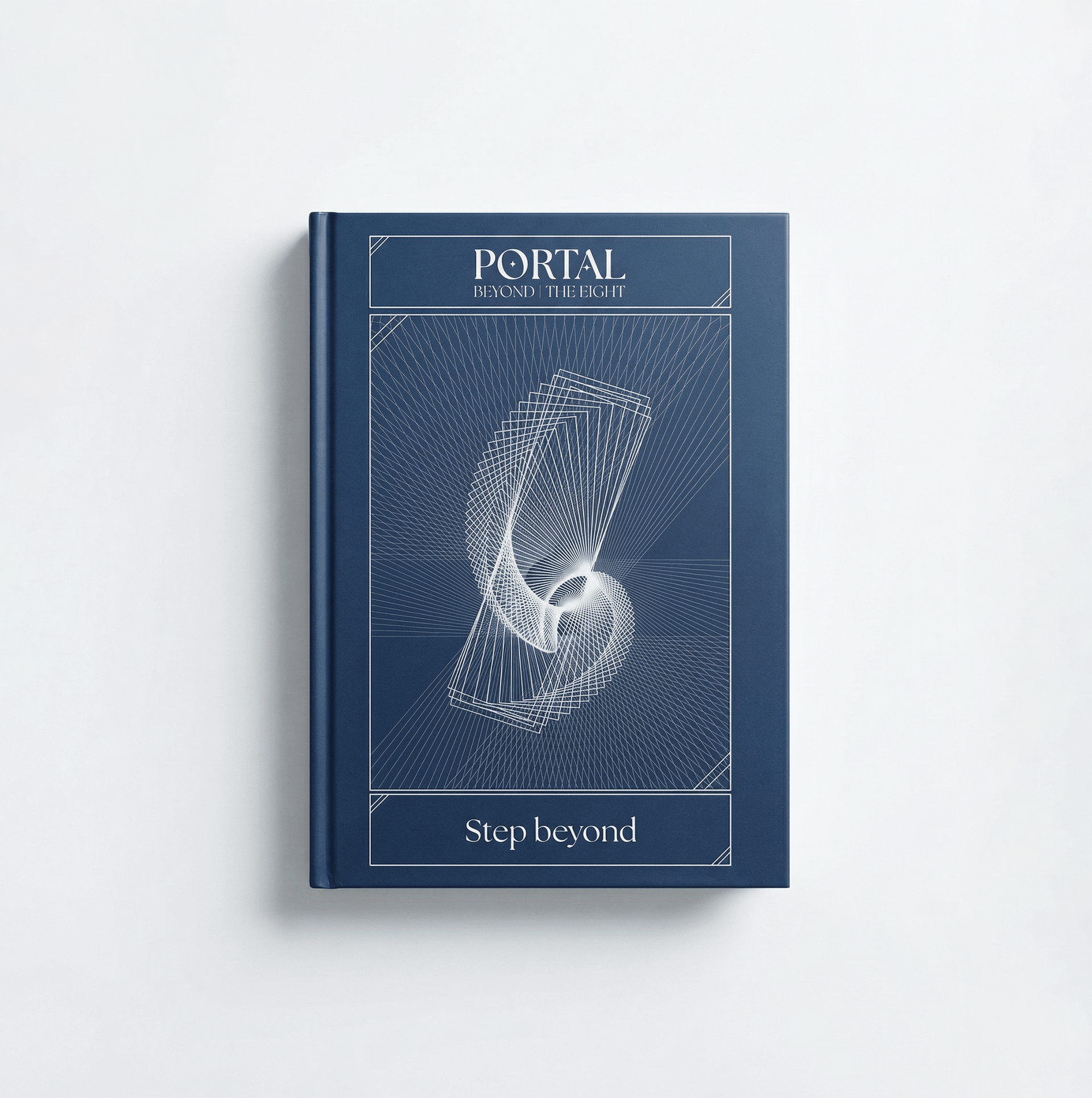 Portal by The Ei8ht - hardcover navy notebook with geometric artwork and "Step beyond" message.