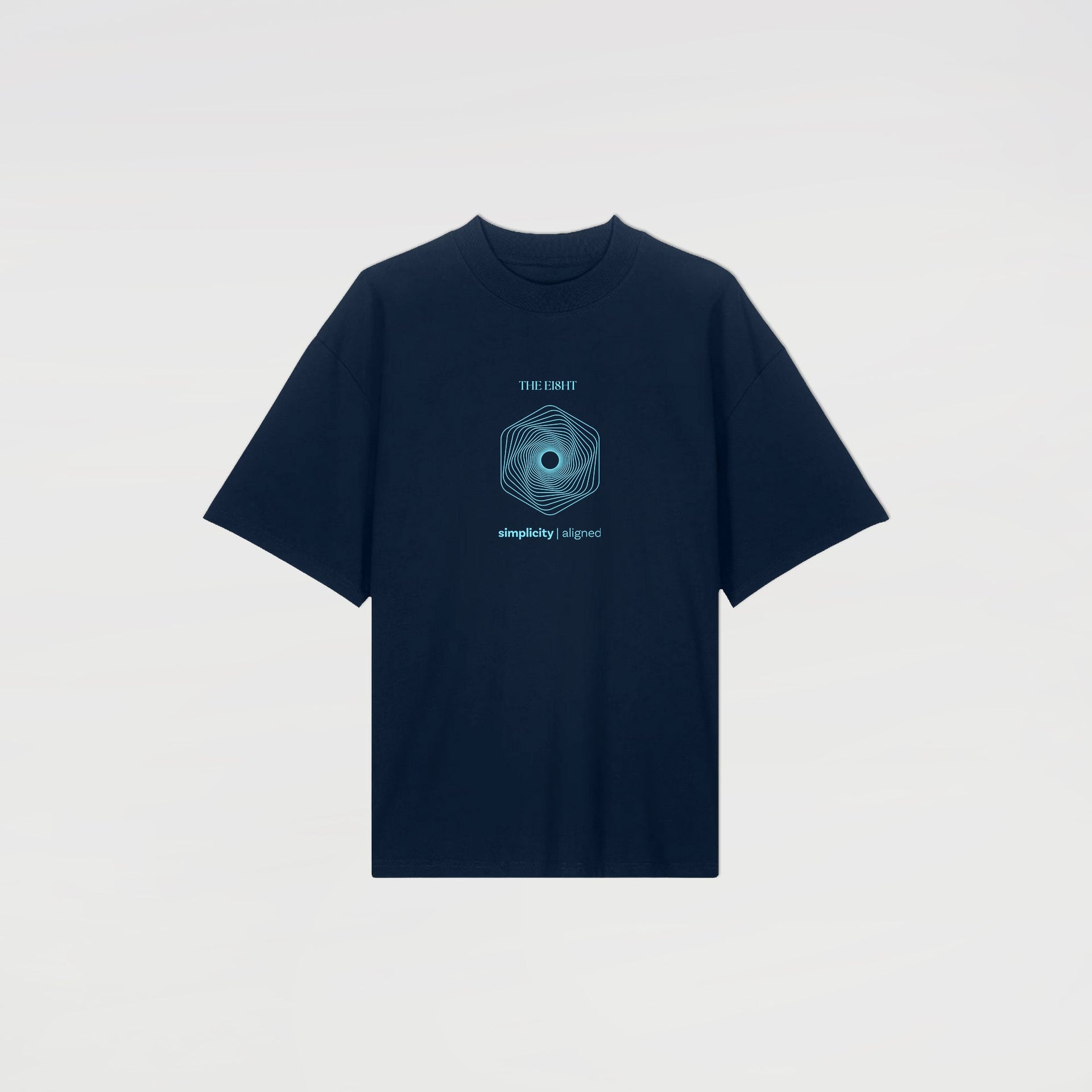 Front view of navy t-shirt with minimalist Simplicity graphic form the Aligned collection by The Ei8ht.