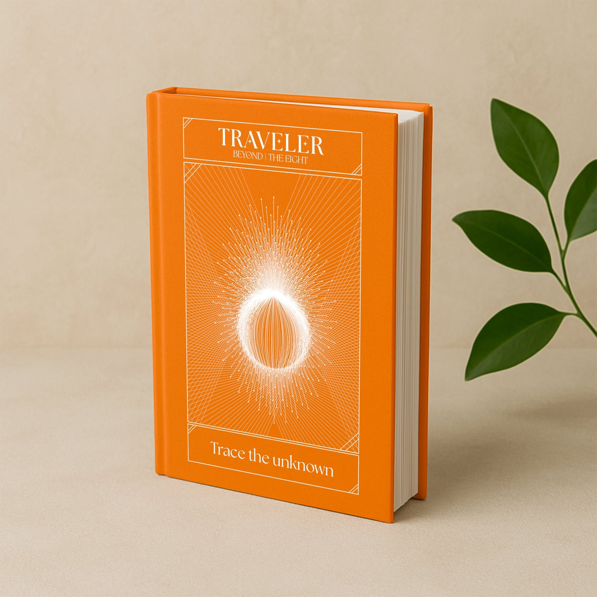 Traveler journal front cover in orange with radiant design and 'Trace the unknown' - Beyond Collection by The Ei8ht.