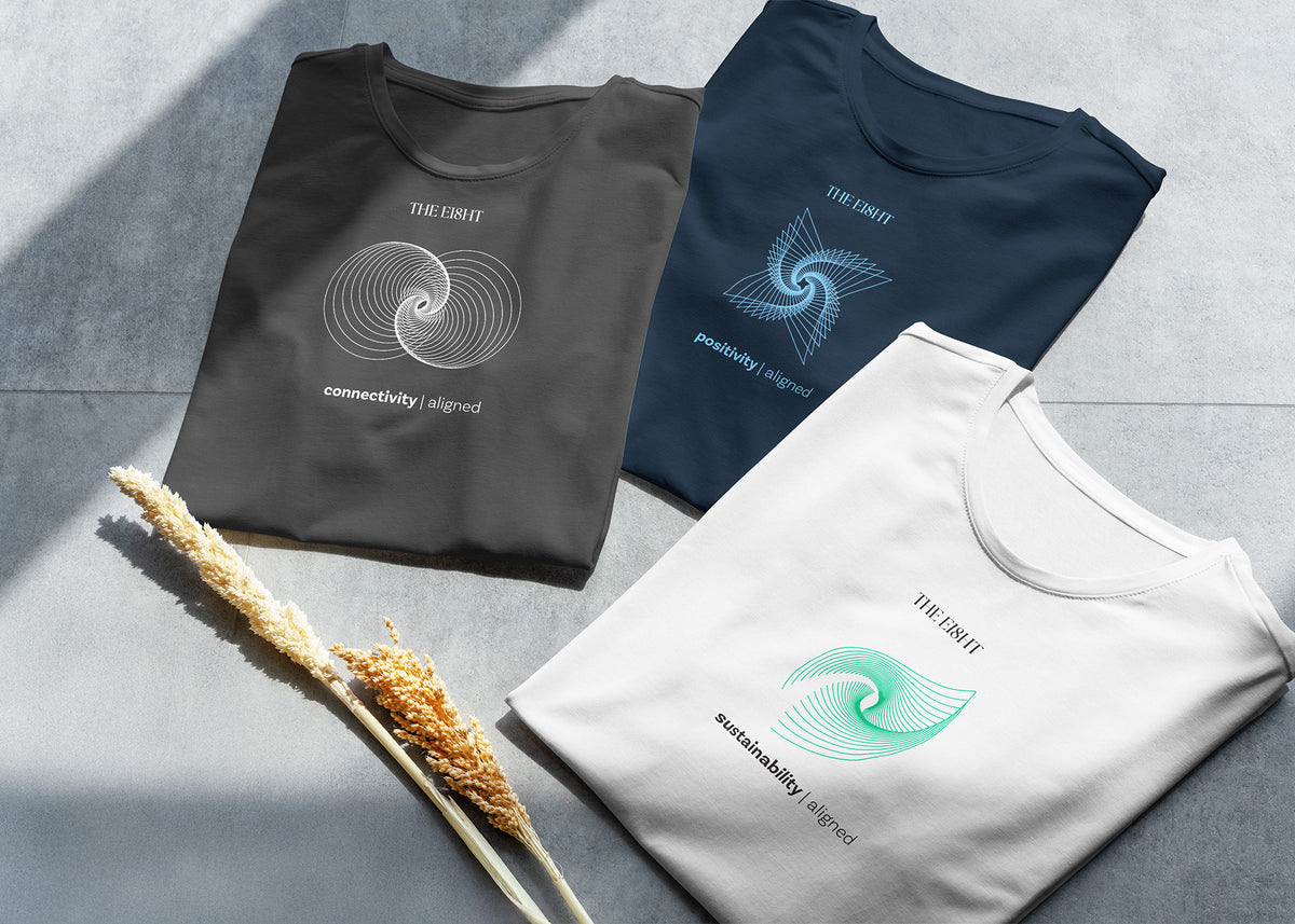 Aligned Collection - sustainable cotton t-shirts with symbolic prints and conscious messages.