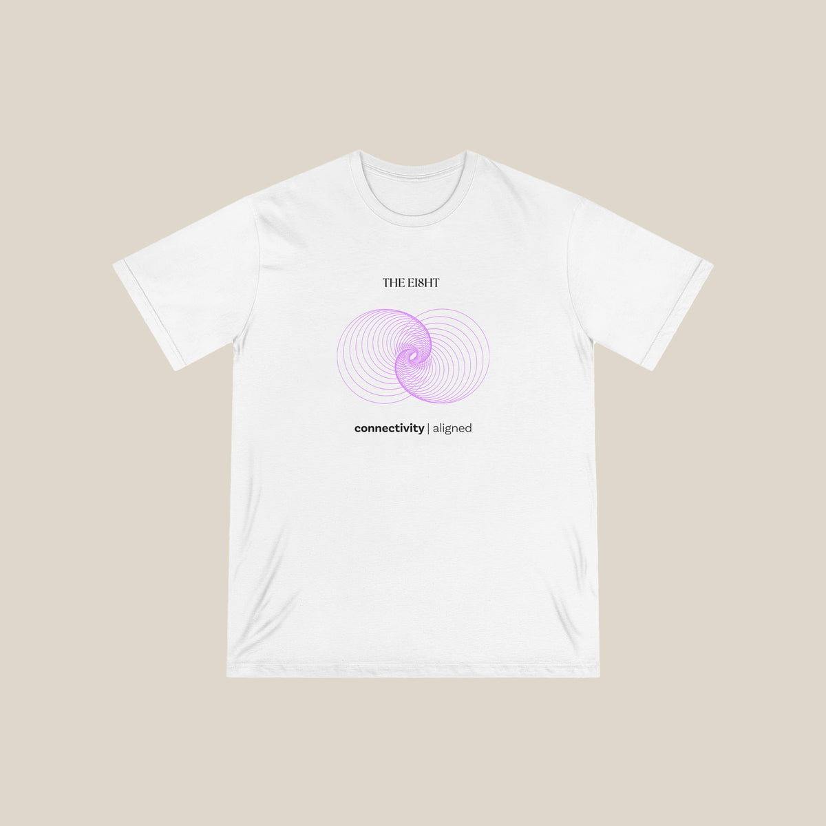 Connectivity White Organic Cotton T-Shirt with purple interconnected spirals - Sustainable fashion from The Ei8ht Aligned Collection 