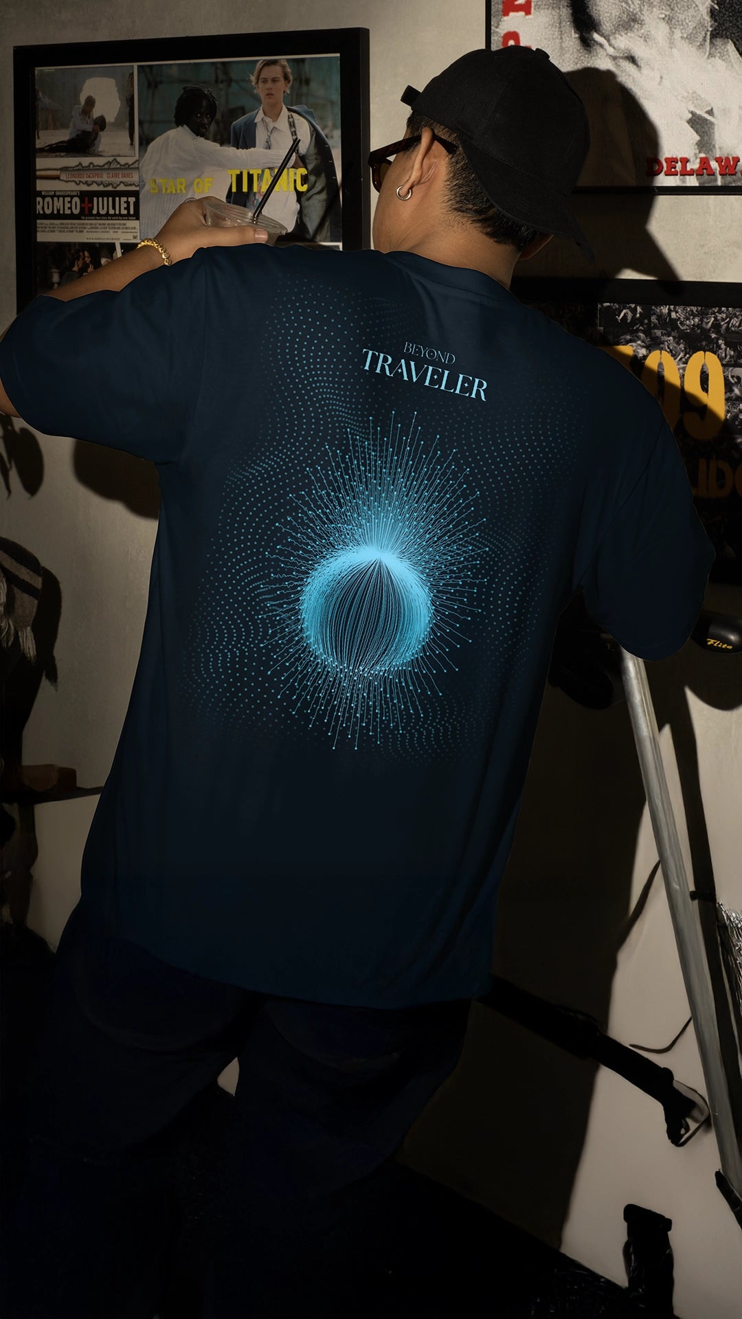 Traveler Oversized Organic Cotton T-Shirt in navy with glowing geometric design - The Ei8ht.