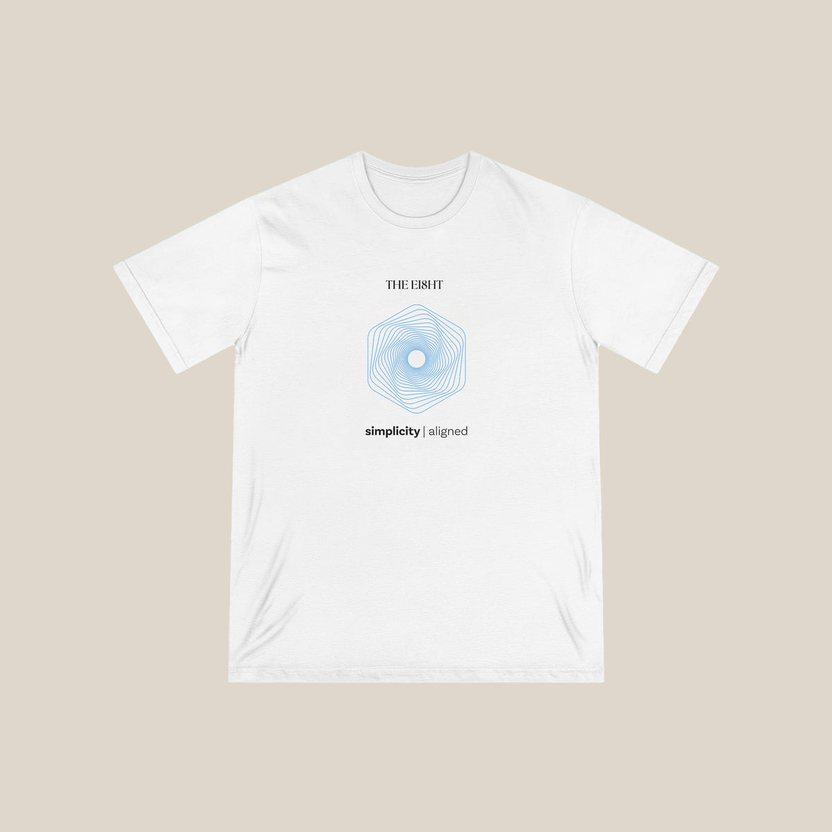 Simplicity White Organic Cotton T-Shirt with blue spiral  design | Ethical apparel - The Ei8ht Aligned Collection.