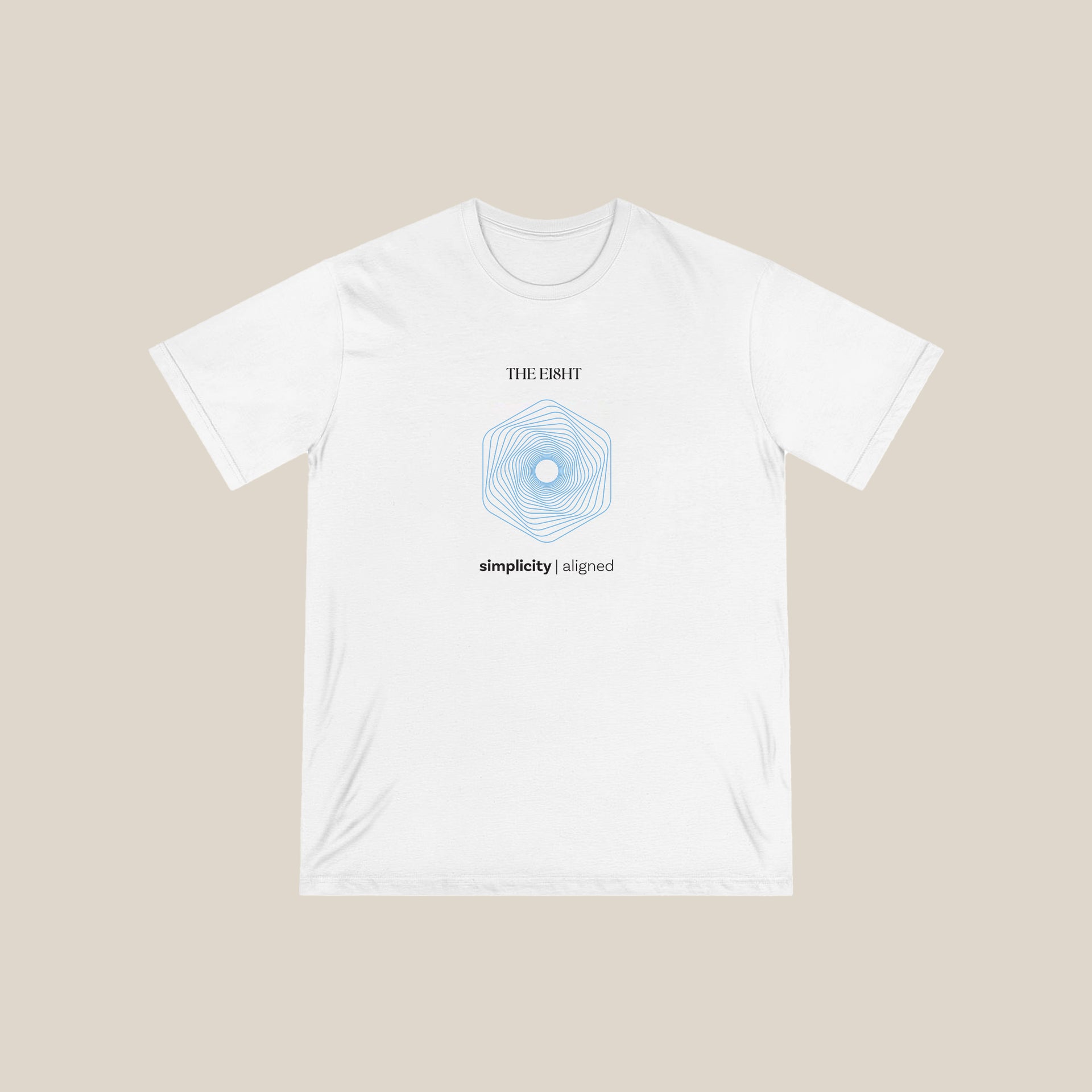 Simplicity White Organic Cotton T-Shirt with blue spiral  design | Ethical apparel - The Ei8ht Aligned Collection.