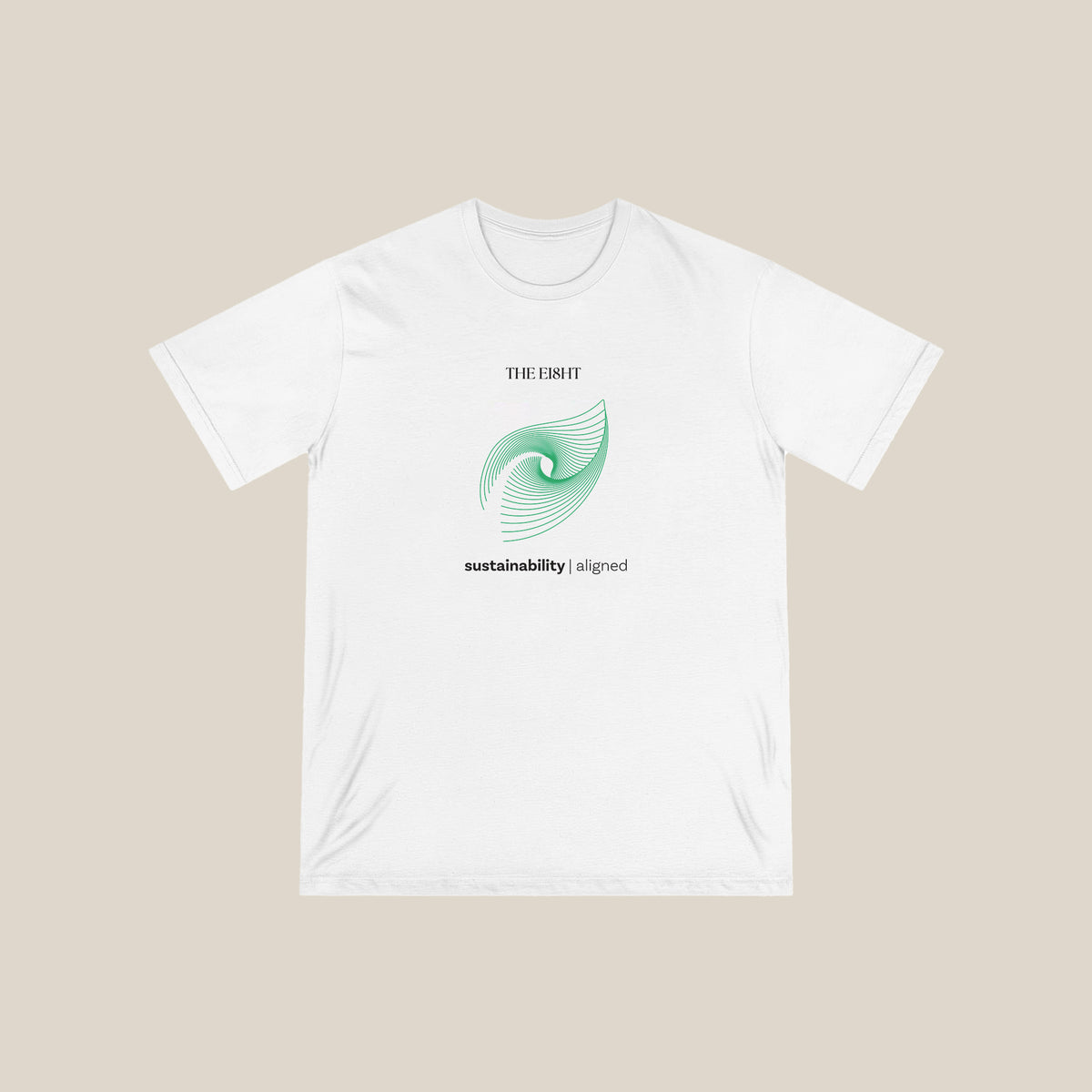Sustainability White Organic Cotton T-Shirt whit green spiral design - Ethical apparel from The Ei8ht Aligned Collection.