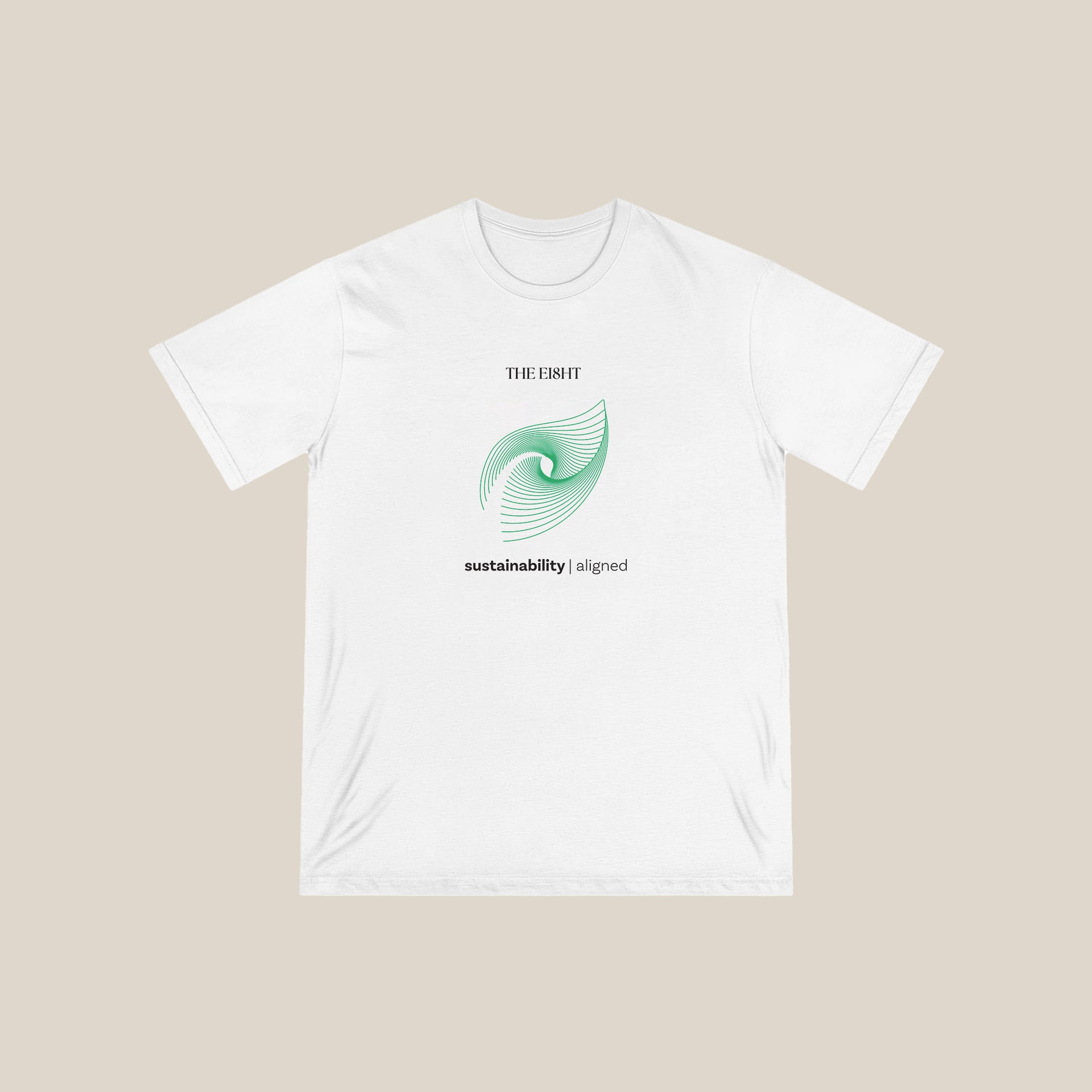 Sustainability White Organic Cotton T-Shirt whit green spiral design - Ethical apparel from The Ei8ht Aligned Collection.
