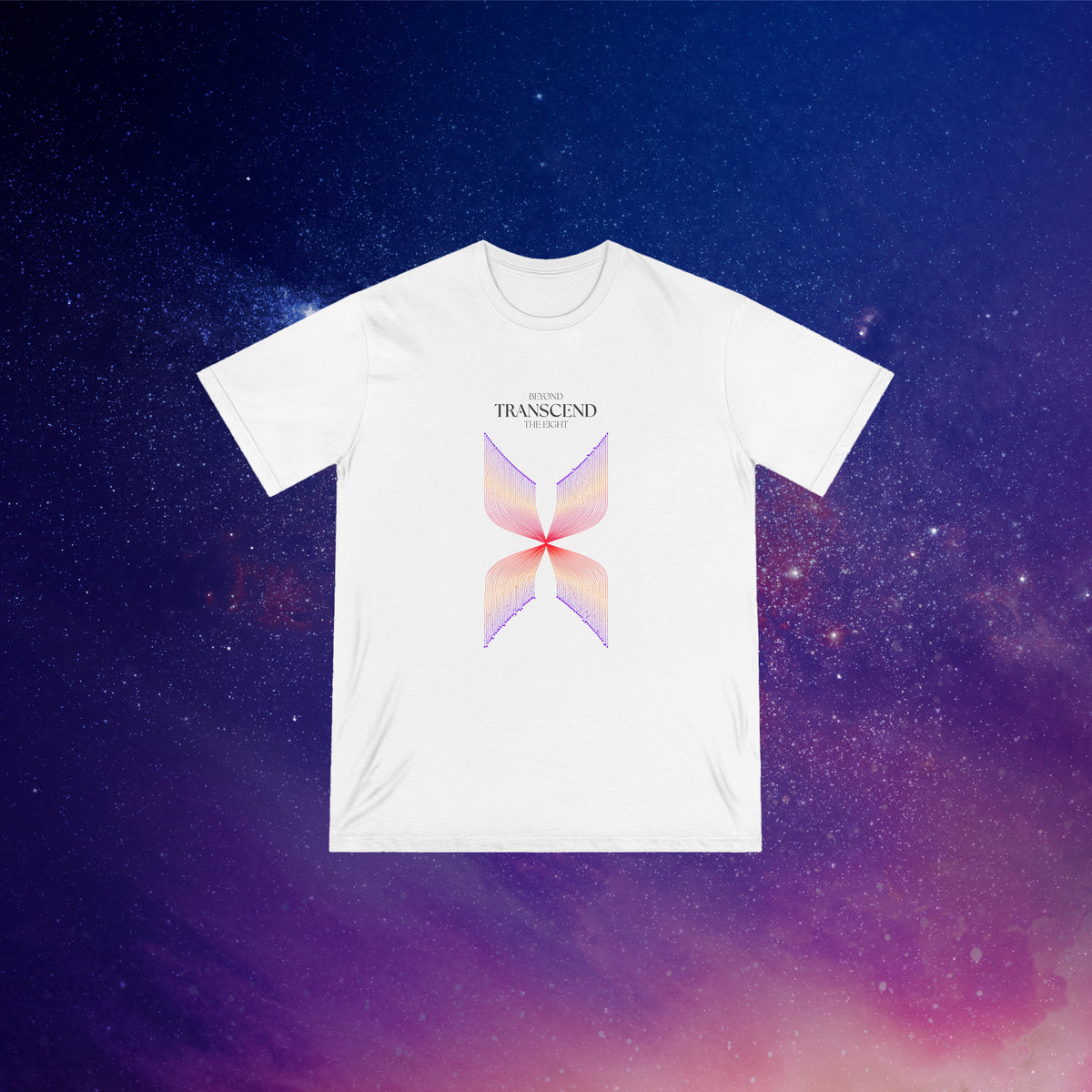 Transcend White Organic Cotton T-Shirt with cosmic geometric design by The Ei8ht Beyond Collection.