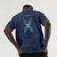 Model wearing Beyond Transcend Oversized Organic Cotton Navy T-Shirt with graphic design on back.
