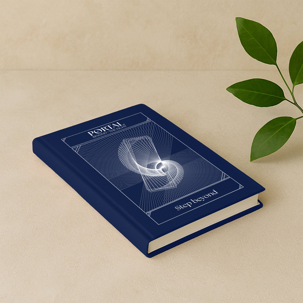 Portal journal with sacred geometry cover, navy blue hardcover - Beyond Collection by The Ei8ht on beige background.