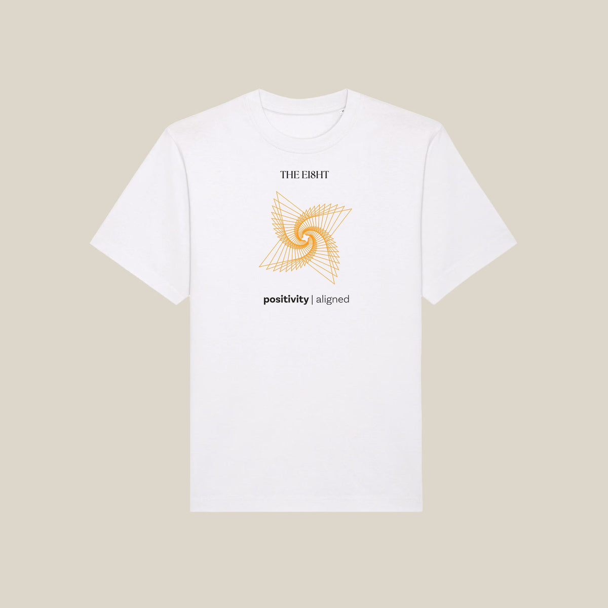 Positivity Aligned oversized organic cotton t-Shirt in white with sacred geometry spiral design - GOTS certified sustainable fashion by The Ei8ht