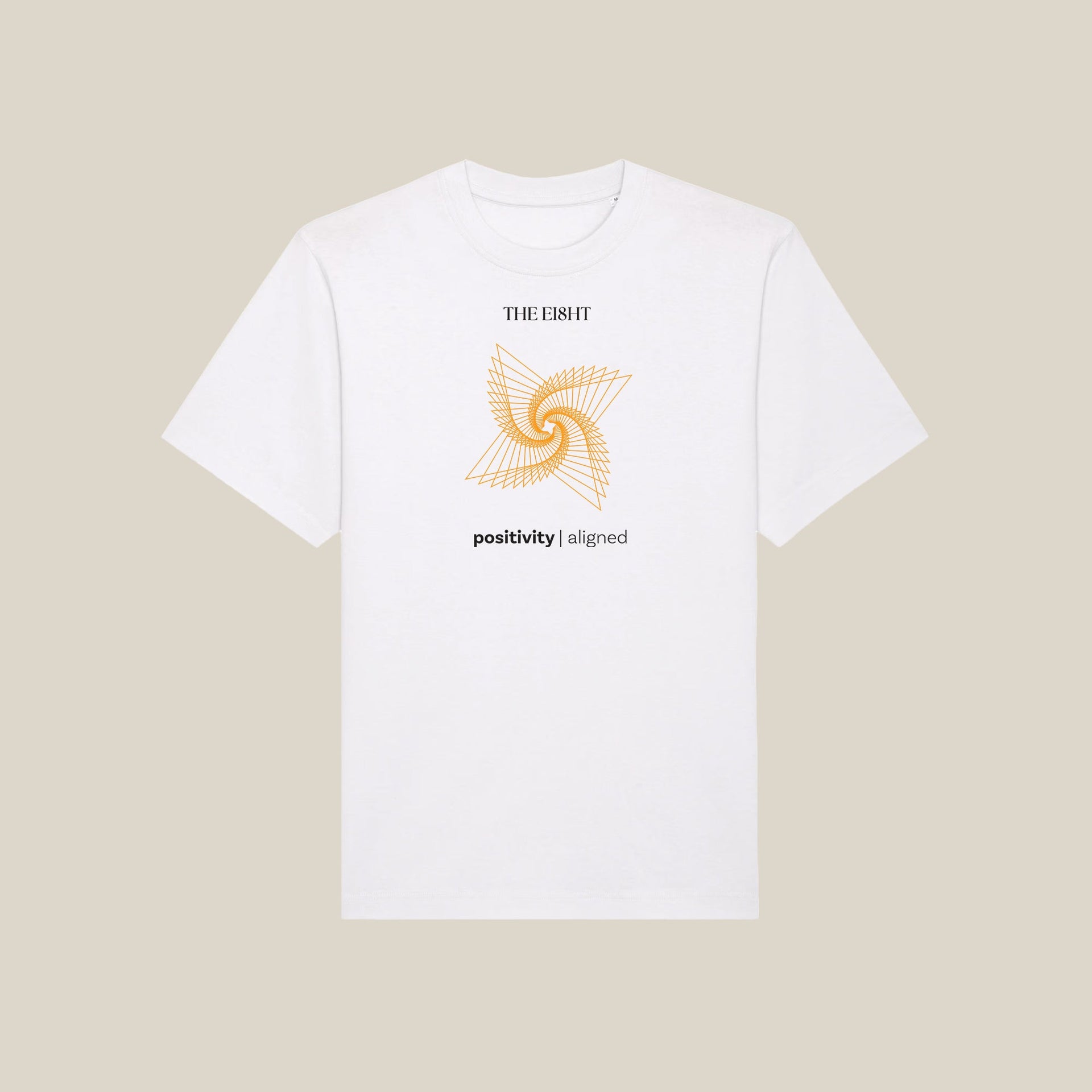 Positivity Aligned oversized organic cotton t-Shirt in white with sacred geometry spiral design - GOTS certified sustainable fashion by The Ei8ht