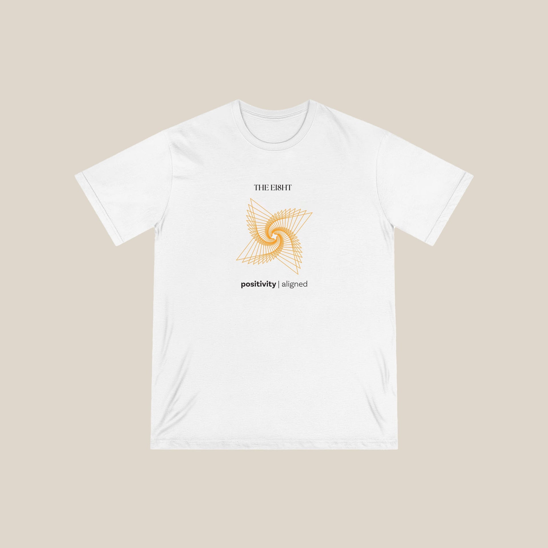 Positivity White Organic Cotton T-Shirt with orange spiral design - Ethical Apparel from The Ei8ht Aligned Collection.
