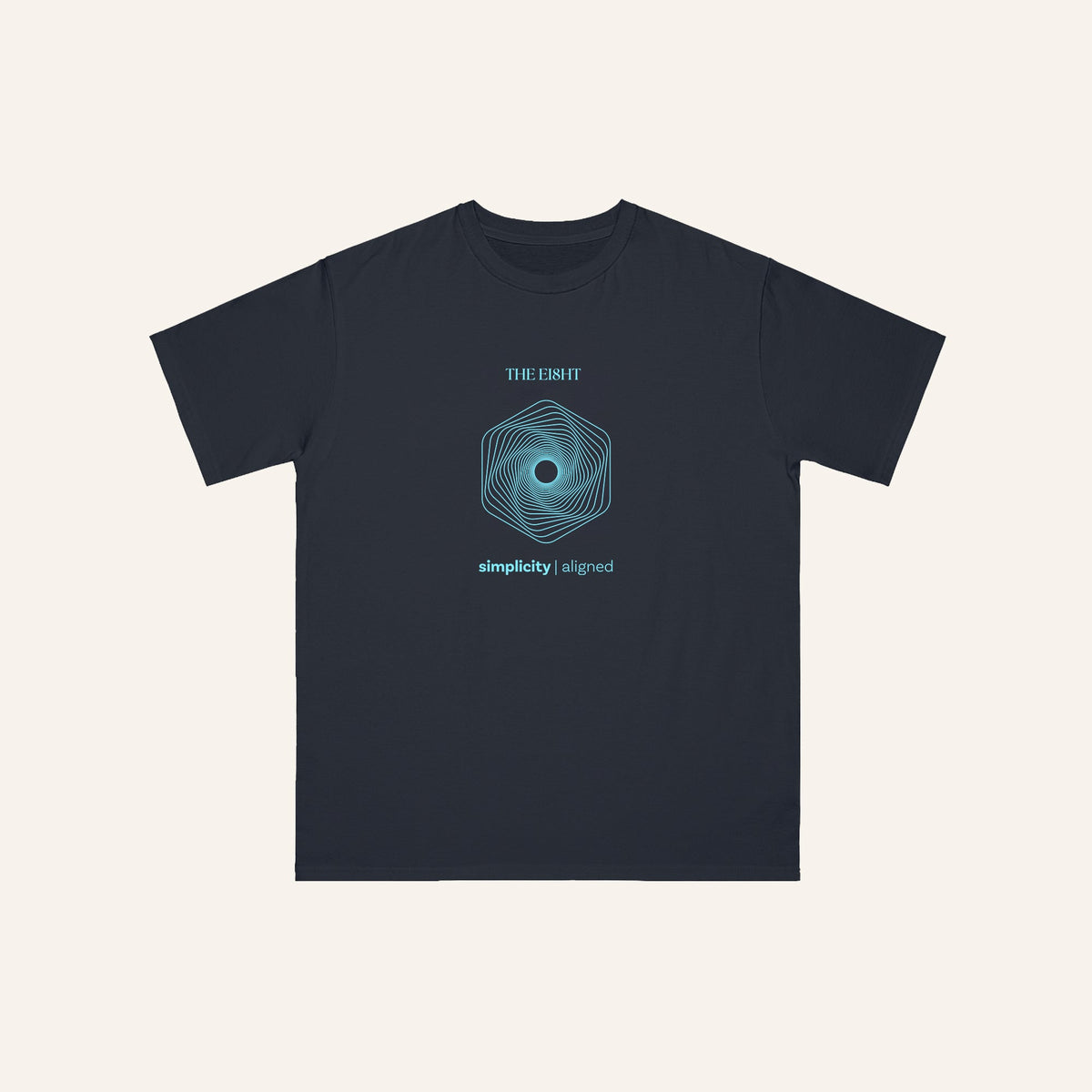 Pacific blue organic cotton t-shirt with spiral vortex symbol and "simplicity | aligned" message in turquoise, sustainable minimalist apparel, by The Ei8ht.