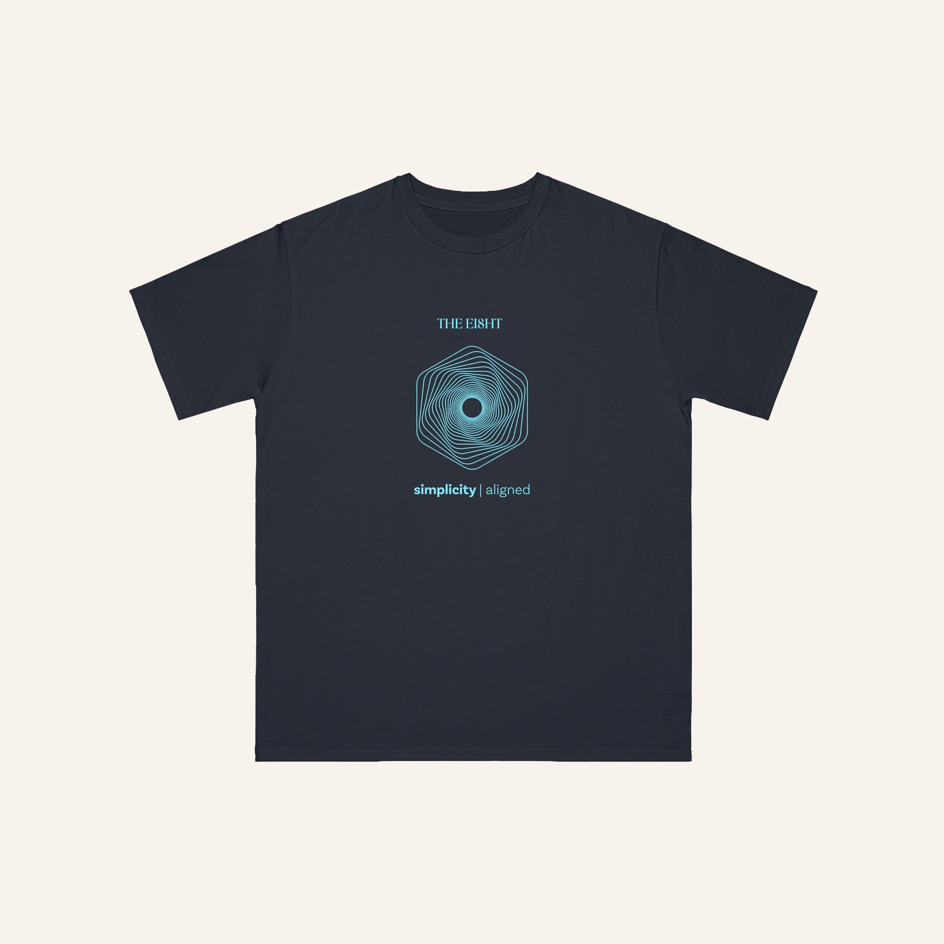 Pacific blue organic cotton t-shirt with spiral vortex symbol and "simplicity | aligned" message in turquoise, sustainable minimalist apparel, by The Ei8ht.