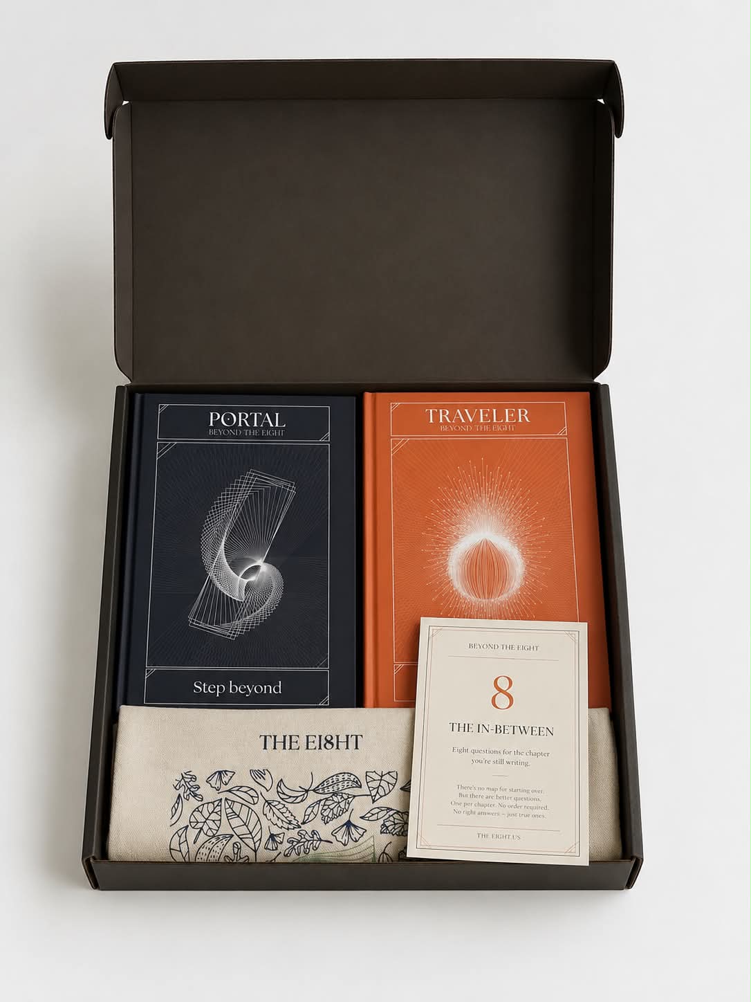The Transition Set by The Ei8ht — open black gift box with Portal and Traveler journals, organic cotton tote, and The In-Between card.