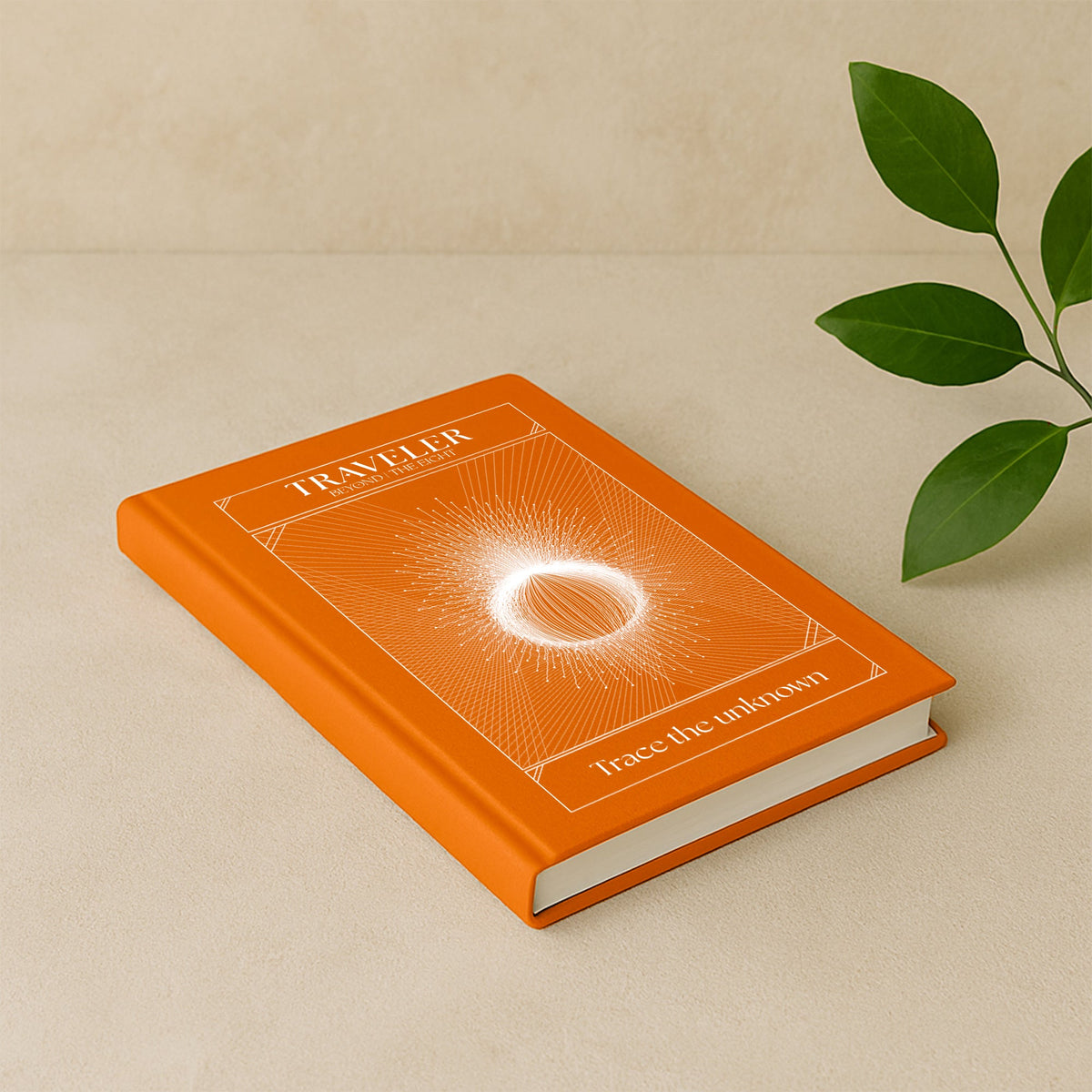 Traveler journal in orange with sacred radiant design and 'Trace the unknown' cover, angled view - Beyond Collection by The Ei8ht.