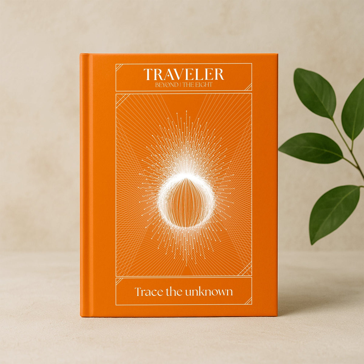 Traveler journal front view with orange cover, radiant sacred design, 'Trace the unknown' - Beyond Collection by The Ei8ht.