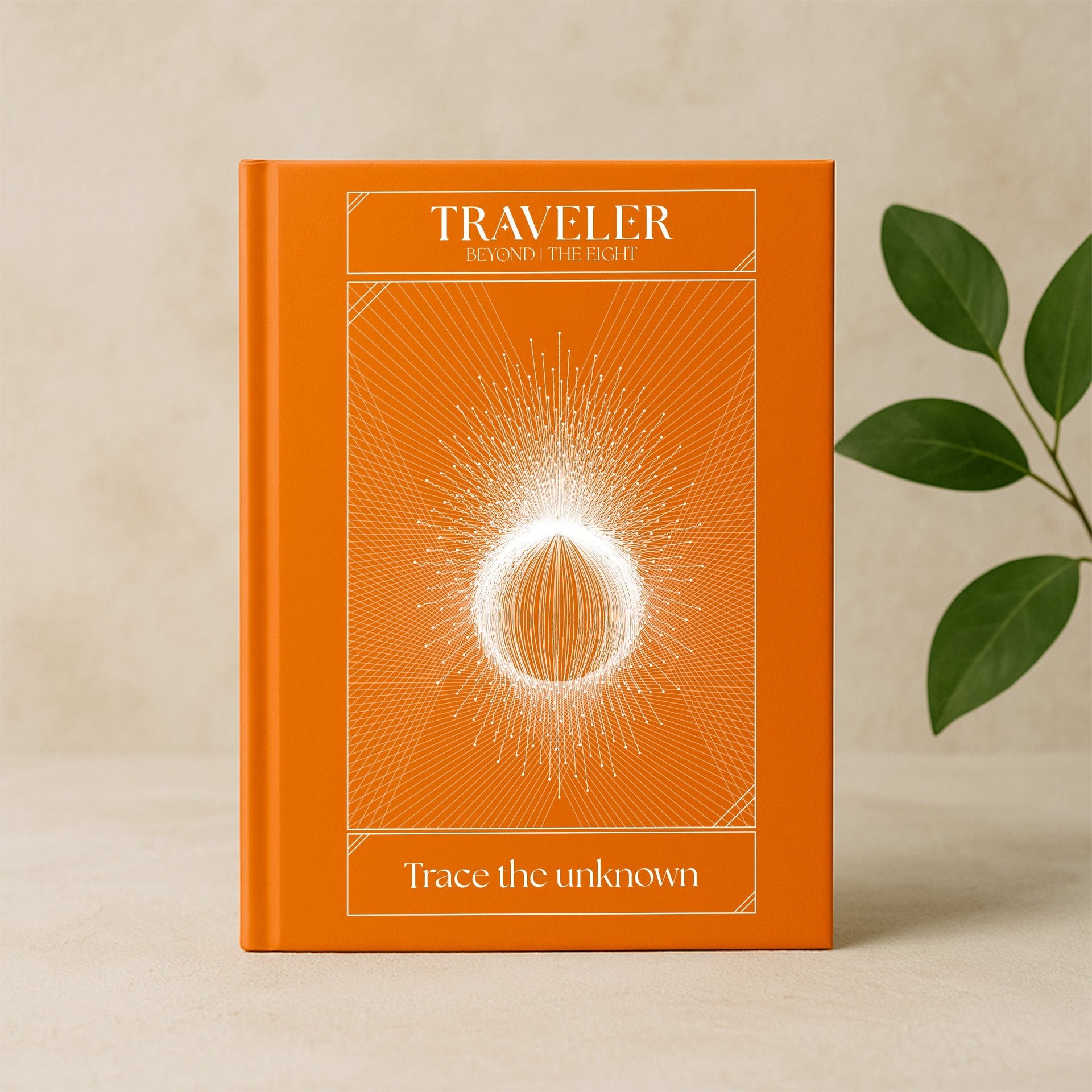 Traveler journal front view with orange cover, radiant sacred design, 'Trace the unknown' - Beyond Collection by The Ei8ht.